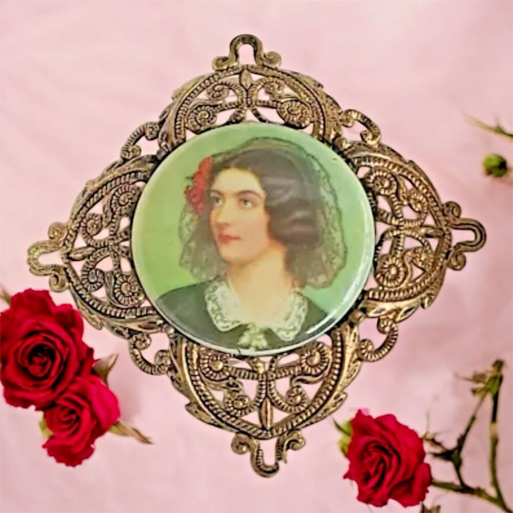 Vintage Signed West Germany Gold Tone Filigree Lady Portrait Brooch